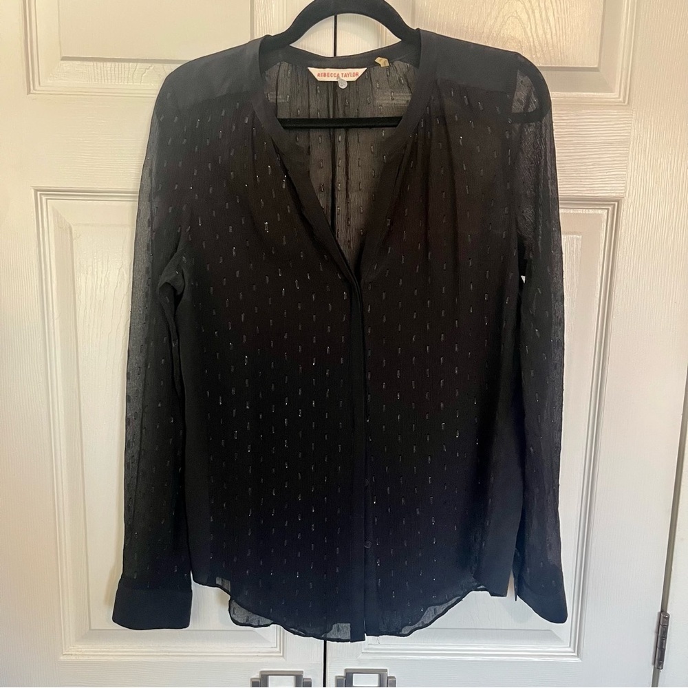 Rebecca Taylor Black Sheer Metallic Silk Button Up Blouse Size 10